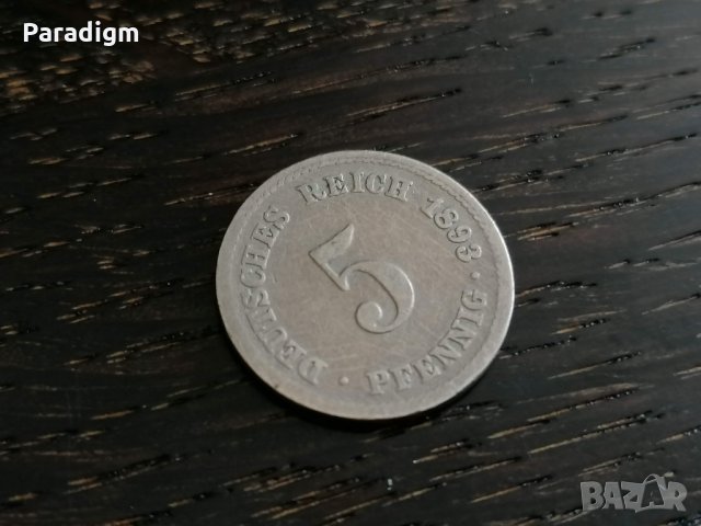 Райх монета - Германия - 5 пфенига | 1893г.; серия A, снимка 3 - Нумизматика и бонистика - 26208034