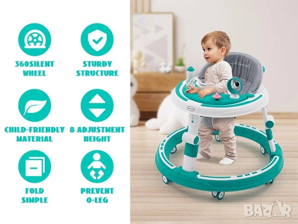 Регулируема бебешка проходилка 3в1, сгъваема, ергономична, синя, снимка 11 - Проходилки - 52571816