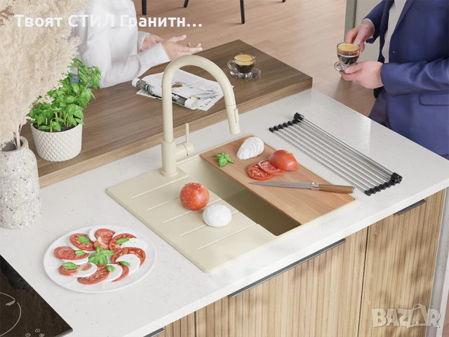 Бежава кухненска гранитна мивка Копенхаген 40 Top 550 x 500 мм, снимка 2 - Мивки - 51015716