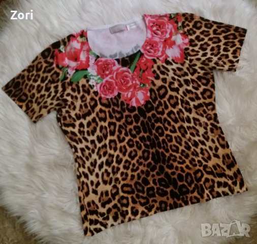 УНИКАЛНО КРАСИВА блуза в леопардов принт и червени цветя с пайети, снимка 1 - Блузи с дълъг ръкав и пуловери - 39162452