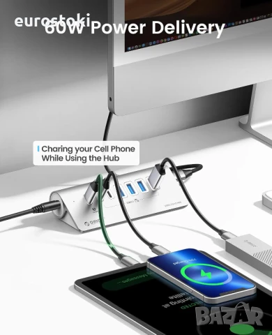 ORICO захранван USB хъб 10Gbps, 7-портов USB 3.2 Gen 2 хъб, 6 USB 3.2 порта за данни, 1 PD 60W, снимка 8 - Кабели и адаптери - 51253607