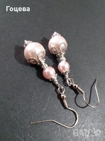 Изящни обици с нежни розови кристални перли и орнаменти в цвят Сребро , снимка 3 - Обеци - 32642418