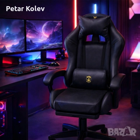 Премиум геймърски стол с масажна функция, поставка за крака и ергономична метална рамка, PU кожа, Че, снимка 2 - Столове - 53457345