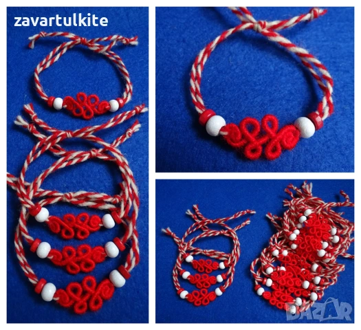 Мартеници гривни, изработена от цветни завъртулки на телена основа и дървени елементи, снимка 2 - Български сувенири - 53253574