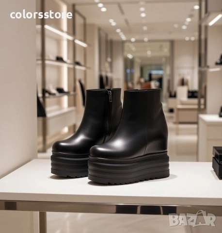 Боти на платформа - черна кожа - SJB50 