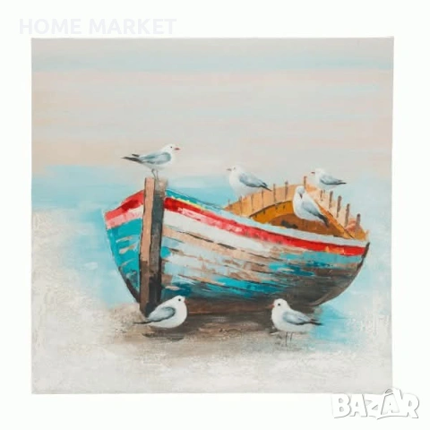 Картина Лодка с гларуси, 80*80см Внесете усещане за спокойствие, лекота и морски бриз във вашия дом 