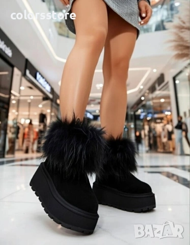 Боти на платформа - черен ЕСТЕСТВЕН велур с черен ЕСТЕСТВЕН косъм - 3ASJN73 