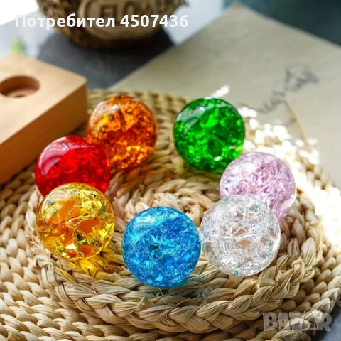Лампа 7 Кристални топки , 7-цветна LED сфера, 7-частична светлина за медитация с дървена основа, снимка 3 - Декорация за дома - 52815374