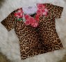 УНИКАЛНО КРАСИВА блуза в леопардов принт и червени цветя с пайети, снимка 1 - Блузи с дълъг ръкав и пуловери - 39162452