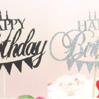  Happy Birthday с банер и свещи брокатен картонен топер табела за торта украса рожден ден, снимка 1 - Други - 36697024