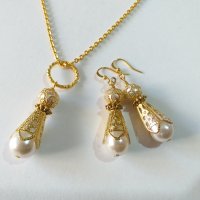  Разкошен комплект бижута с перли капка и прекрасни орнаменти в цвят злато , снимка 5 - Бижутерийни комплекти - 33510914