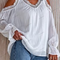Дамска едноцветна дантелена блуза с V-образно деколте и студени рамена - 023, снимка 3 - Тениски - 39887680