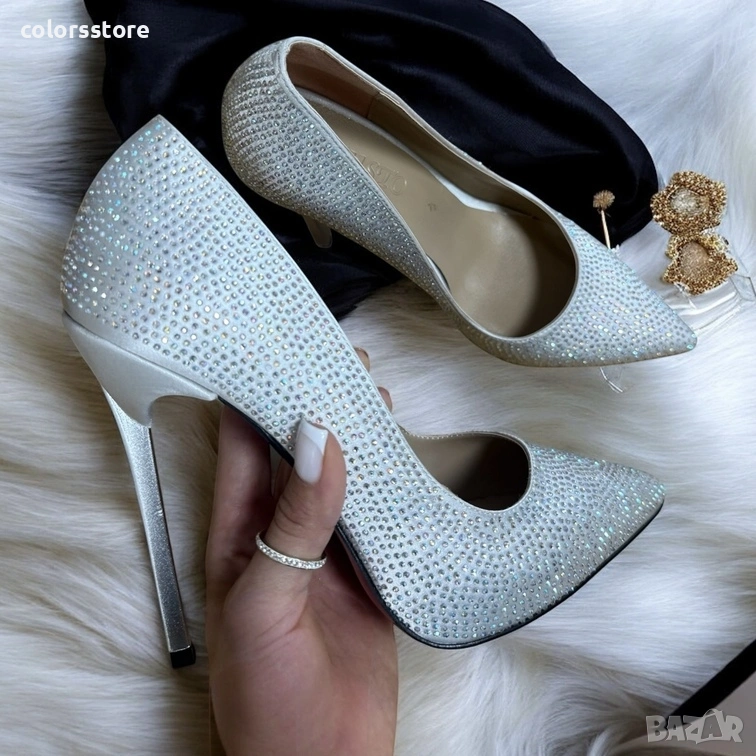 Обувки на ток - бял сатен с камъчета - 6060 , снимка 1