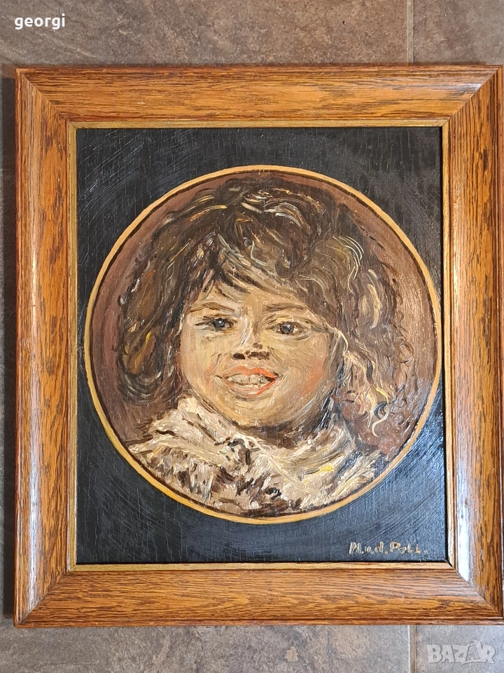 авторска картина "Усмихнато момче" маслени бои върху дървена основа , снимка 1