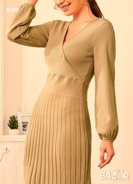 Елегантна миди рокля, Бежова рокля, Дълга рокля, Рокля плисе, снимка 1