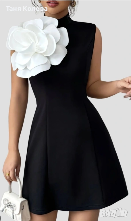  черна официална рокля с цвете, снимка 1