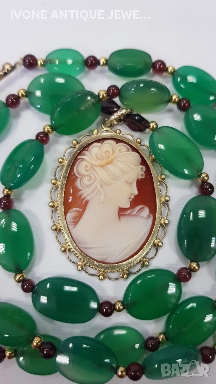 Колие от хризопраст, гранати и камея , снимка 1