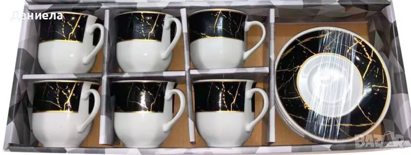 Комплект от 6бр чаши и чинийки с мраморен ефект, снимка 1