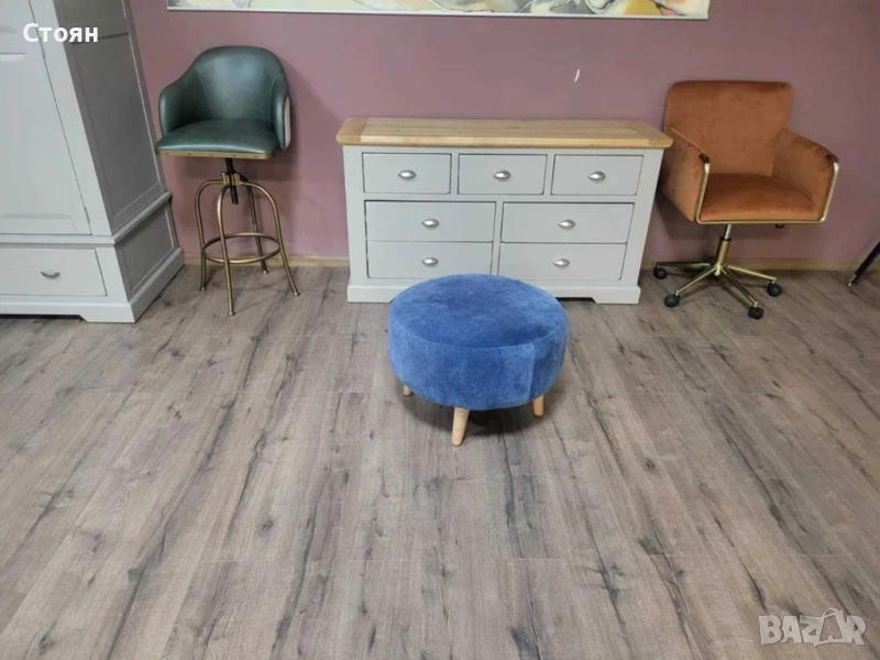 Синя кръгла табуретка от плат, снимка 1