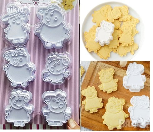 6 бр Пепа Пиг Пеппа Peppa Pig пластмасови разглобяеми резци форми фондан тесто бисквитки, снимка 1
