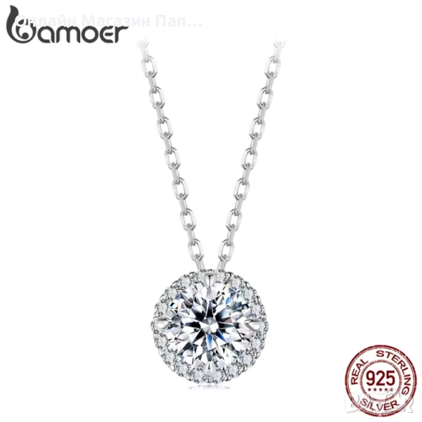 BAMOER 925 Сребърно Хало Колие с Мойсaнит – 0.5ct / 1ct. Сертификат, снимка 1