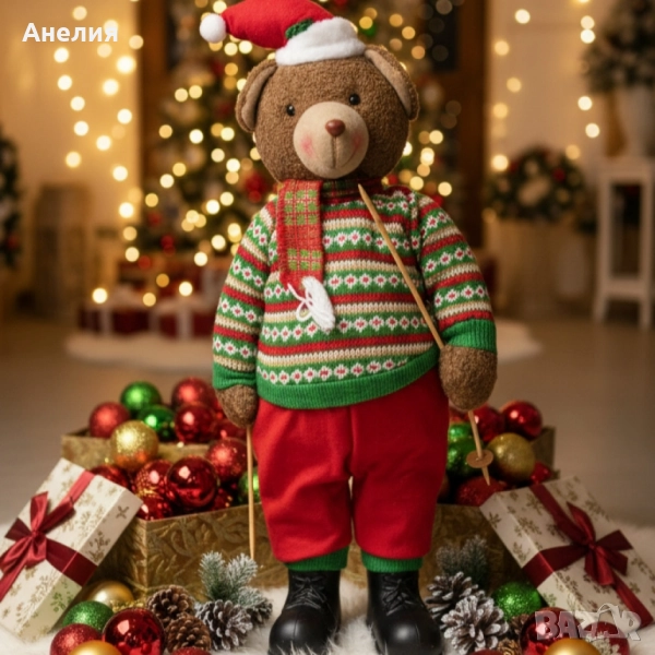 Коледно плюшено мече с пуловер и шапка , снимка 1
