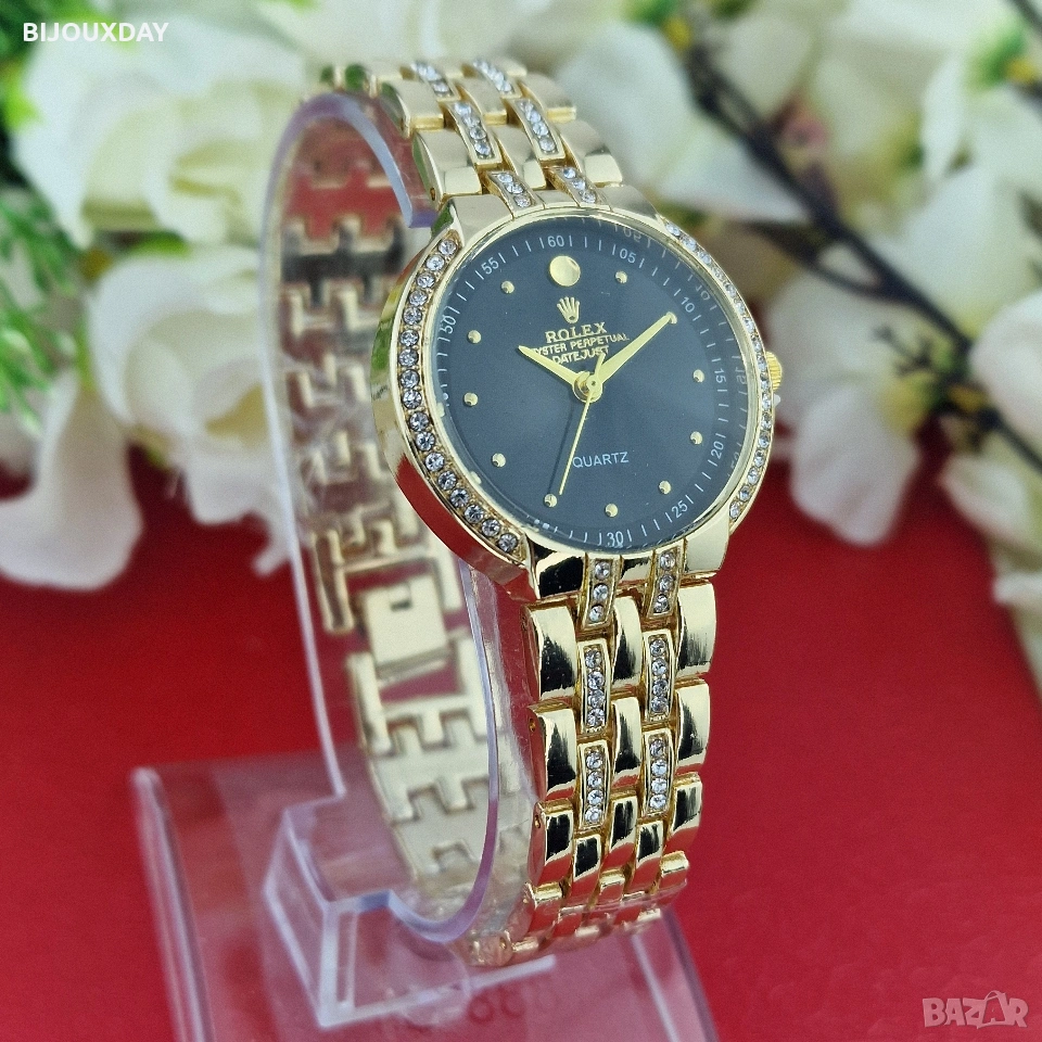 водоустойчив дамски часовник rolex с черен циферблат от медицинска стомана, снимка 1