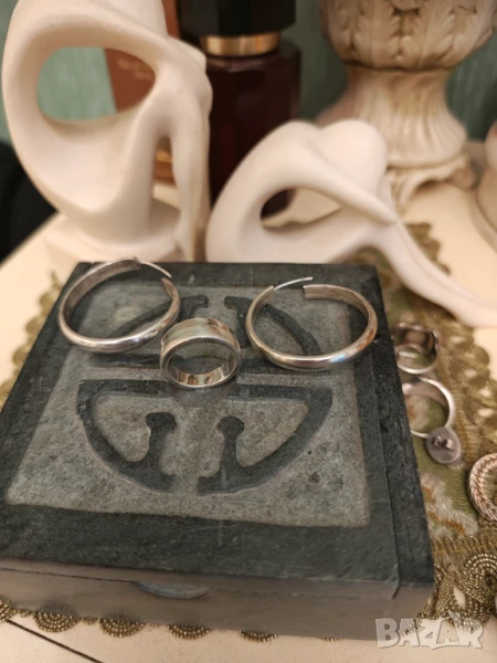Масивен сребърен лот обеци сбх и пръстен на fossil, снимка 1