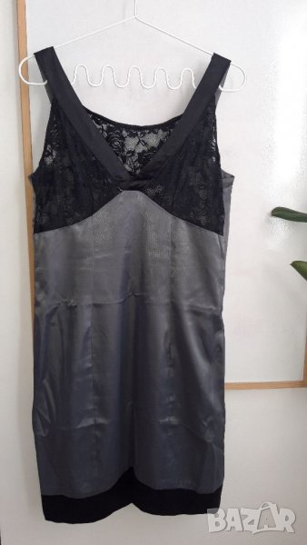 Дамска рокля сатен и дантела М/Л сиво и черно без следи от употреба, снимка 1