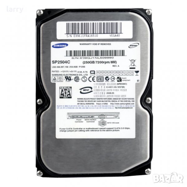 Твърд диск за компютър Samsung 250GB SP2504C 7200 SATA Гаранция (втора употреба), снимка 1