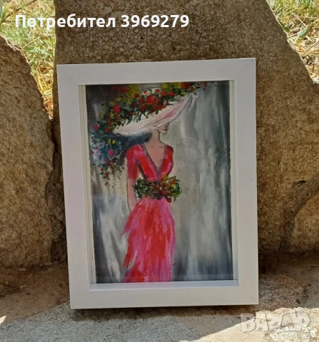 Лечебна ръчно рисувана картина в бяла рамка- Жена с шапка от цветя,22,5/17,5 см., снимка 1