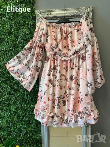 Ефирна флорална рокля с паднали ръкави, снимка 2 - Рокли - 53532622