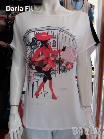 КРАСИВА бяла блуза с червена щампа и леко отворен гръб, снимка 1 - Тениски - 39967489