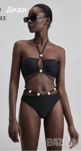 Черен бански с перли, връвки и пола, снимка 3 - Бански костюми - 53157268