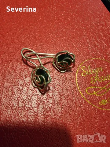 Авторски, сребърни обеци с голям зелен камък , снимка 2 - Обеци - 49041061