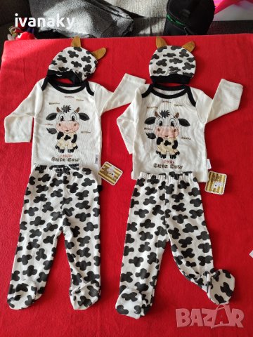 Намалено от 36лв Бебешки комплект от 3 части, боди ританки, шапка Крава, снимка 4 - Комплекти за бебе - 43844369