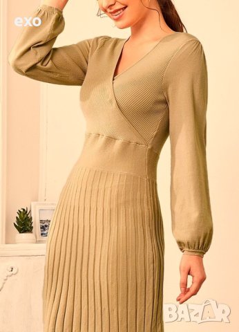 Елегантна миди рокля, Бежова рокля, Дълга рокля, Рокля плисе