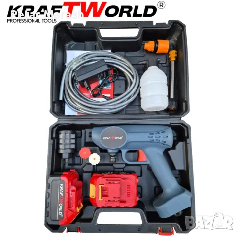 Акумулаторна Водоструйка KraftWorld с 2 Батерии Налягане 26 бара + Kонтейнер за Препарат и Аксесоари, снимка 4 - Други инструменти - 50409103