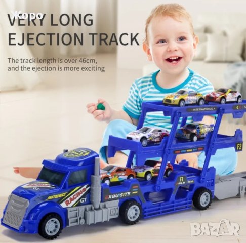 Голям детски двуетажен камион автовоз червен с 4 малки колички АХ-994