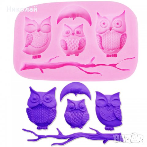 Силиконов молд 3 бухала , луна , клон от дърво , декорация на торна , фондан , епоксидна смола бухал, снимка 1