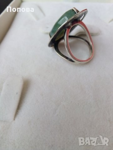 Дизайнерски сребърен пръстен със зелен ахат ръчна изработка, снимка 4 - Пръстени - 28302500