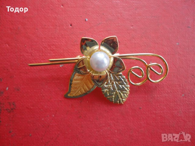 Страхотна позлатена брошка с перла , снимка 2 - Други - 40082203