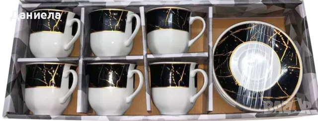 Комплект от 6бр чаши и чинийки с мраморен ефект