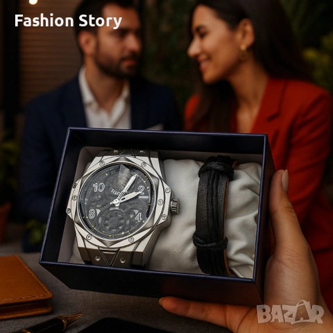 Мъжки подаръчен комплект – стилен часовник и черна гривна, снимка 2 - Мъжки - 51937570