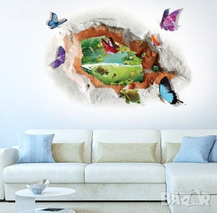 3D Дупка с пеперуди водни лилии жабка стикер за стена лепенка самозалепващ за стая декор