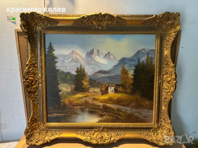 алпийски пейзаж/платно/ в масивна барокова рамка, снимка 7 - Антикварни и старинни предмети - 51990282