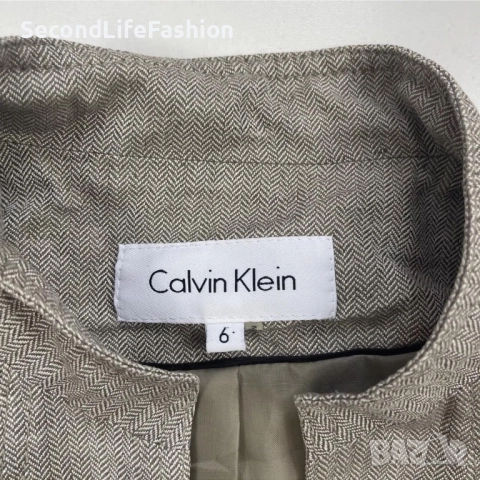 Дамско сако Calvin Klein блейзър ленен сив с колан и дълъг ръкав , снимка 3 - Сака - 52263107