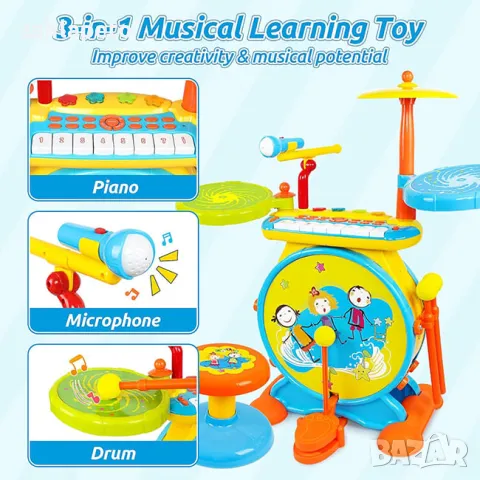 Комплект: Барабани + пиано + микрофон + столче, снимка 2 - Музикални играчки - 48246473