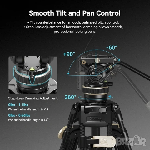 SmallRig AD-100 FreeBlazer: Карбонов Видео Статив с флуидна глава, снимка 4 - Чанти, стативи, аксесоари - 53227363