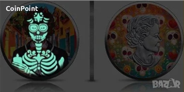 DIA DE MUERTOS Светещи в тъмното 3x1 Oz сребърни монети 5$ Канада 2022, снимка 2 - Нумизматика и бонистика - 44041352